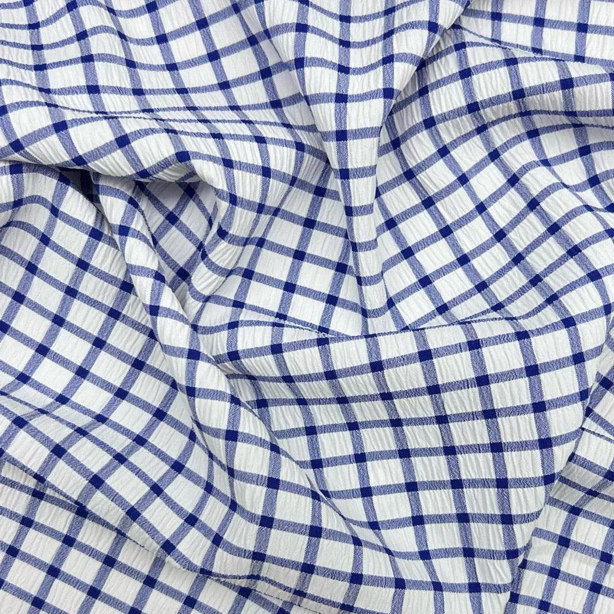 blue-white-checkered-crinkle-polyester-fabric Blue and White Checkered Crinkle Polyester Fabric