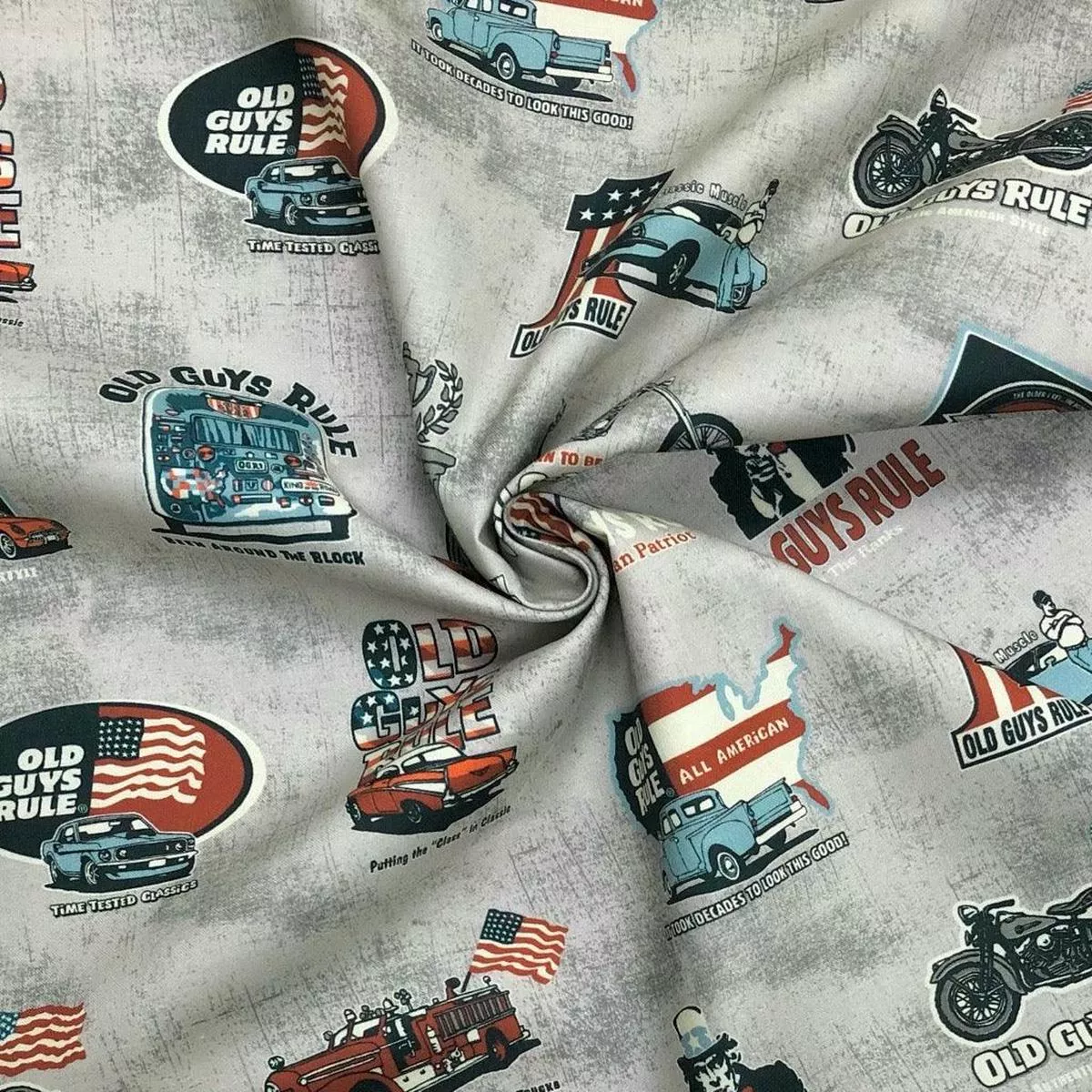 old-guys-rule-on-grey-cotton-fabric ‘Old Guys Rule’ on Grey Cotton Fabric