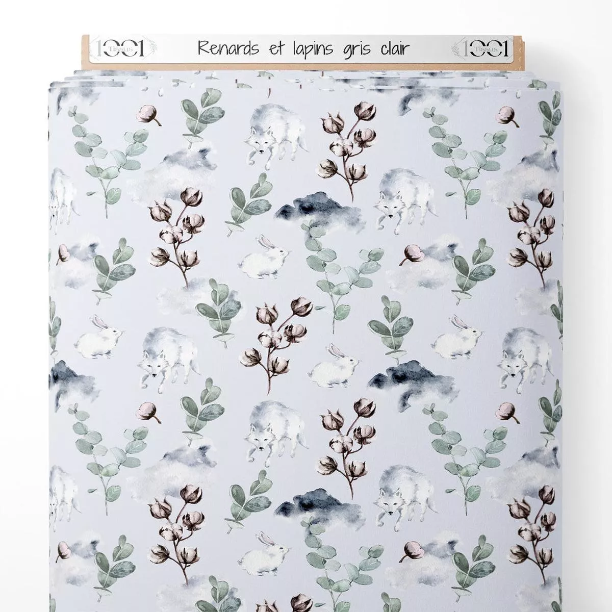 Tissu – Renards et lapins gris clair